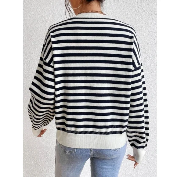 Striped Navy and White with Red Heart Pullover Knit Sweater Crewneck - Picture 3 of 9